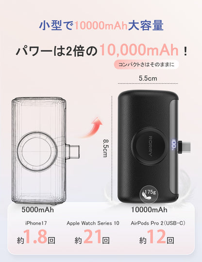 RORRY D5【進級プロ版】10000mAh Type-Cコネクター一体型モバイルバッテリー・22.5W急速充電・Apple Watch充電対応