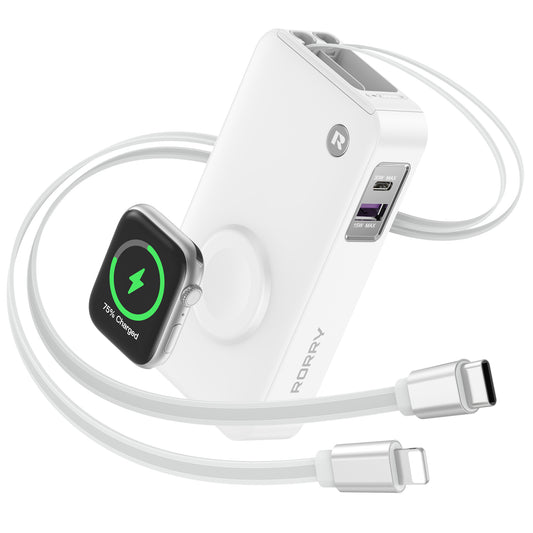 RORRY H1 10000mAh 30W急速充電モバイルバッテリー 内蔵伸縮式2本ケーブル Apple Watch対応 5台同時充電可能