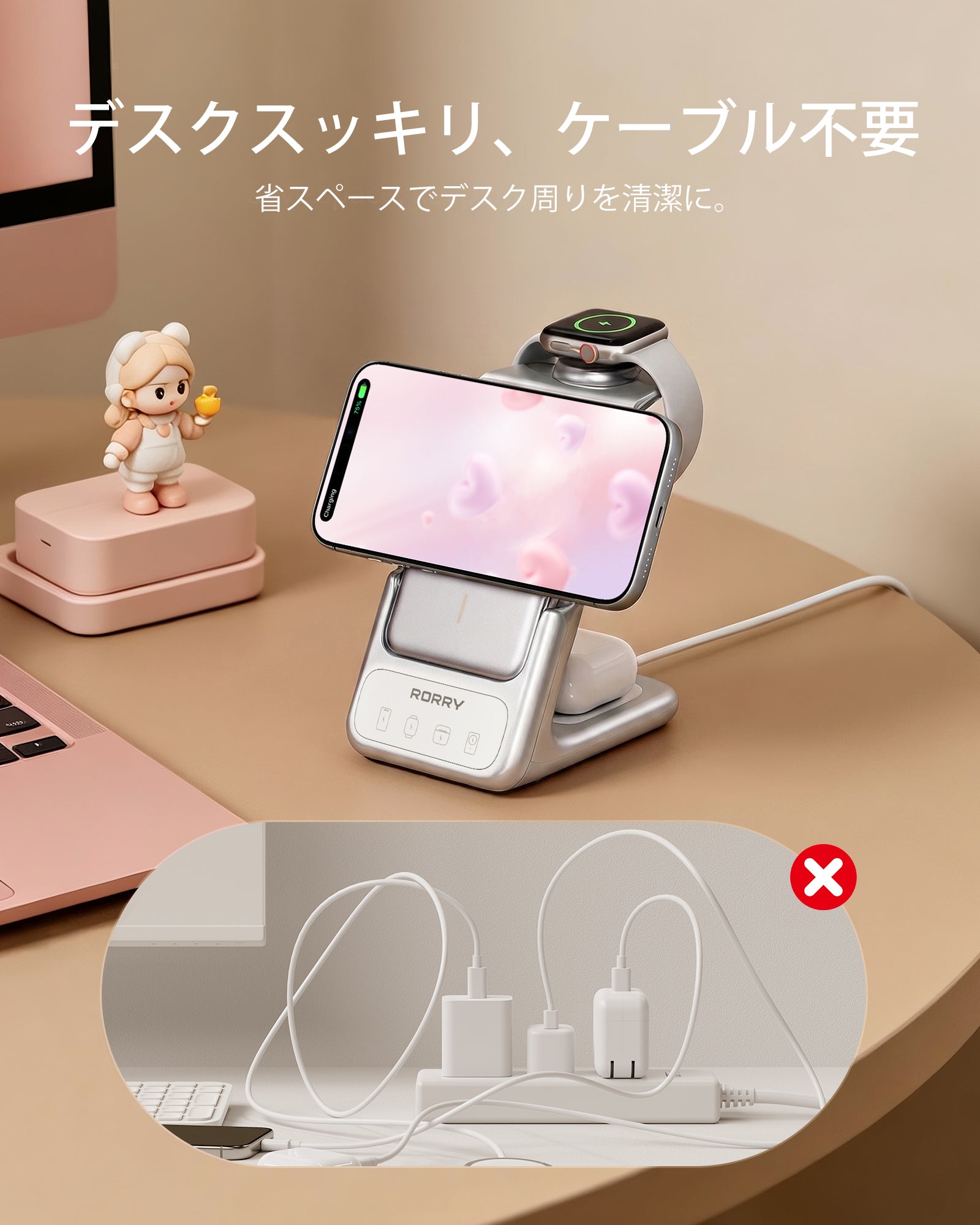 RORRY AuraDock M2-5000mAh 4in1 充電ステーション 着脱式モバイルバッテリー付き