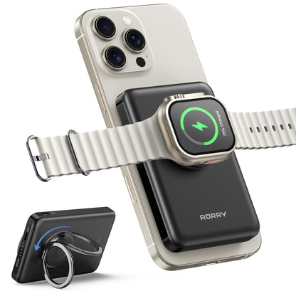 RORRY P1 3in1 ワイヤレス充電 IOS26/IOS18非対応 モバイルバッテリー 10000mAh MagSafe対応 Apple Watch対応 15W急速 PD22.5W 小型スタンド付き