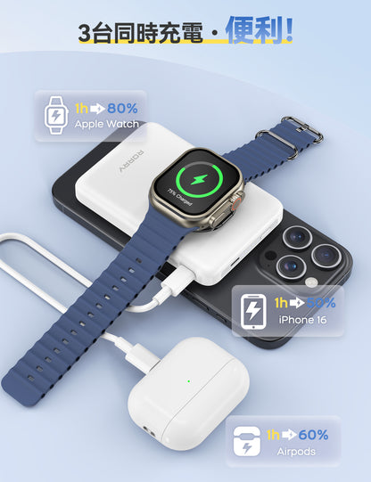 RORRY P1 3in1 ワイヤレス充電 IOS26/IOS18非対応 モバイルバッテリー 10000mAh MagSafe対応 Apple Watch対応 15W急速 PD22.5W 小型スタンド付き