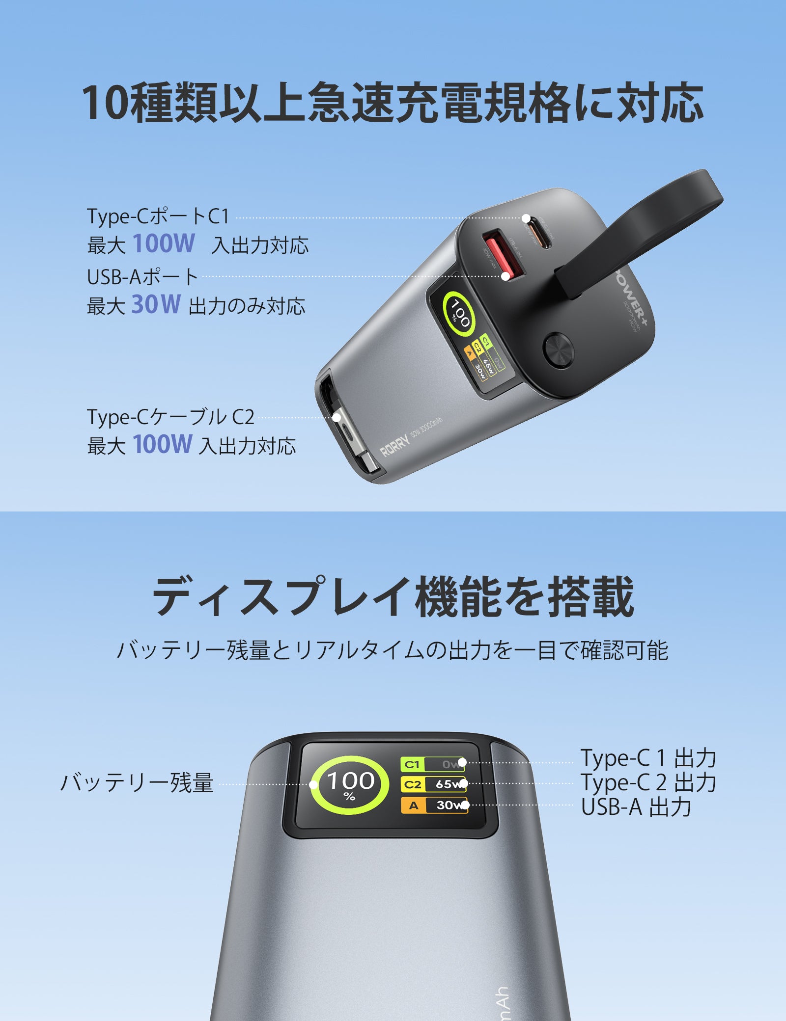 RORRY H4 20000mAh 100W アルミ合金モバイルバッテリー（巻取りケーブル付）