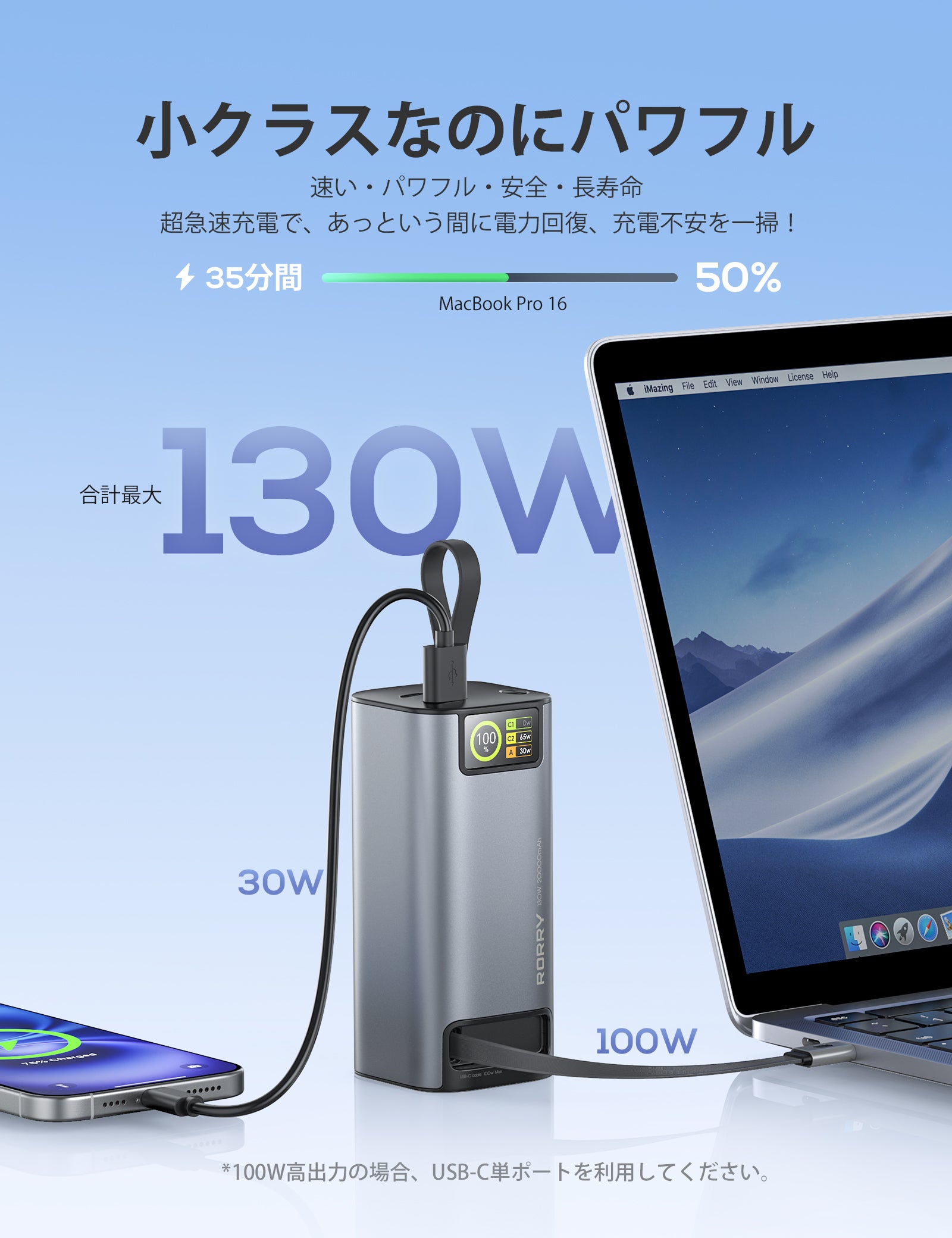RORRY H4 20000mAh 100W アルミ合金モバイルバッテリー（巻取りケーブル付）