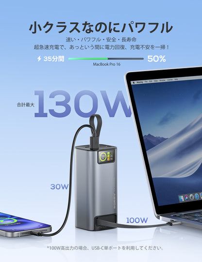 RORRY モバイルバッテリー 20000mAh 100W急速充電 アルミ合金 放熱強化 巻取り式ケーブル内蔵 PSE認証 防災 地震 停電 出張 飛行機持ち込み可